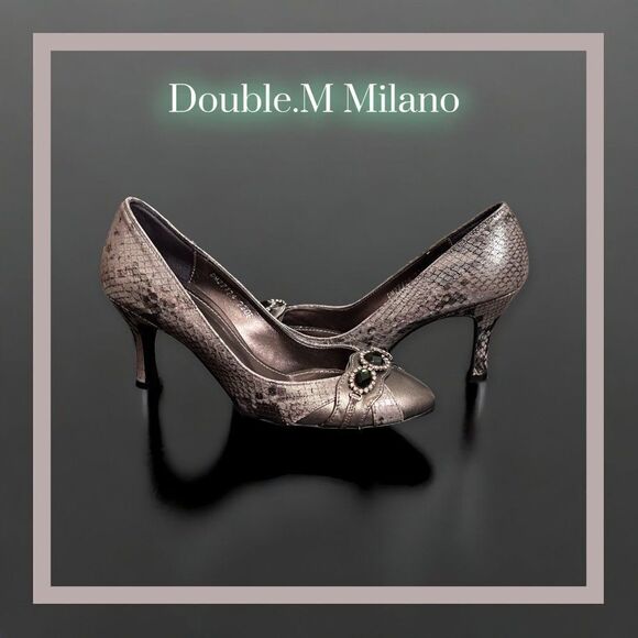 DOUBLE M MILANO Metallic Silver Python Print Statement Crystal Rhinestone Heels - Picture 3 of 11